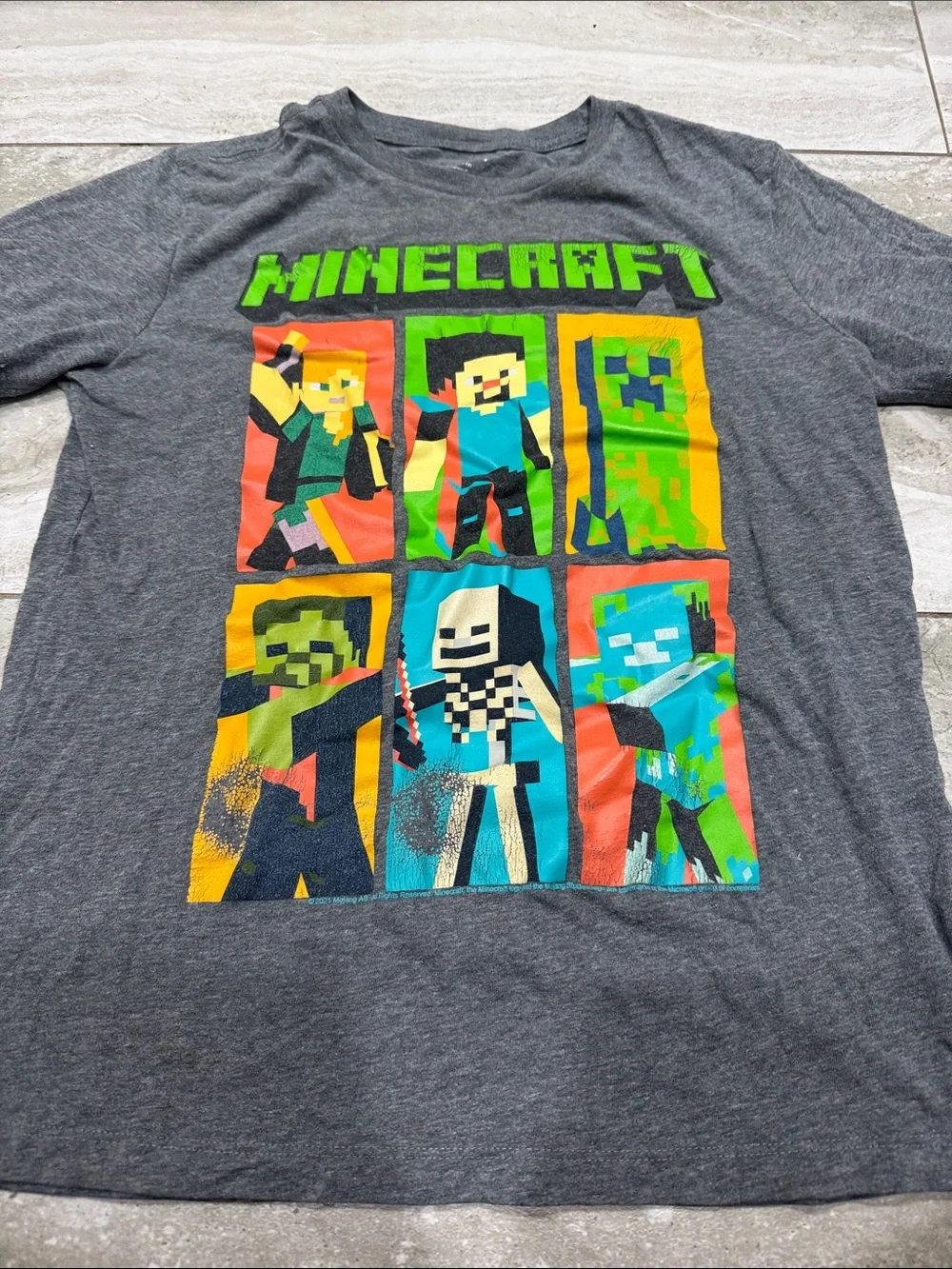 Old Navy Dark Gray Minecraft Short Sleeve Tee with Multicolor Character Grid